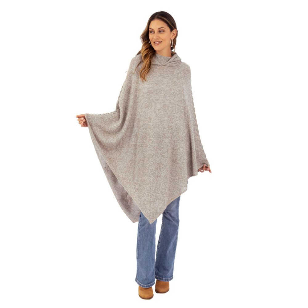 7736 Artisan Handmade Alpaca Blend Hooded Poncho Knit In Taupe From Peru